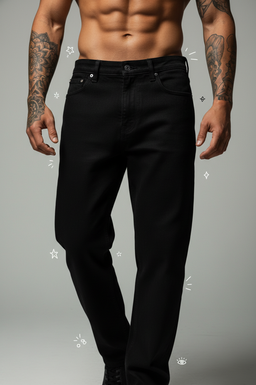 Black Jeans – Muscular Model with Hindu Tattoo & Doodles
