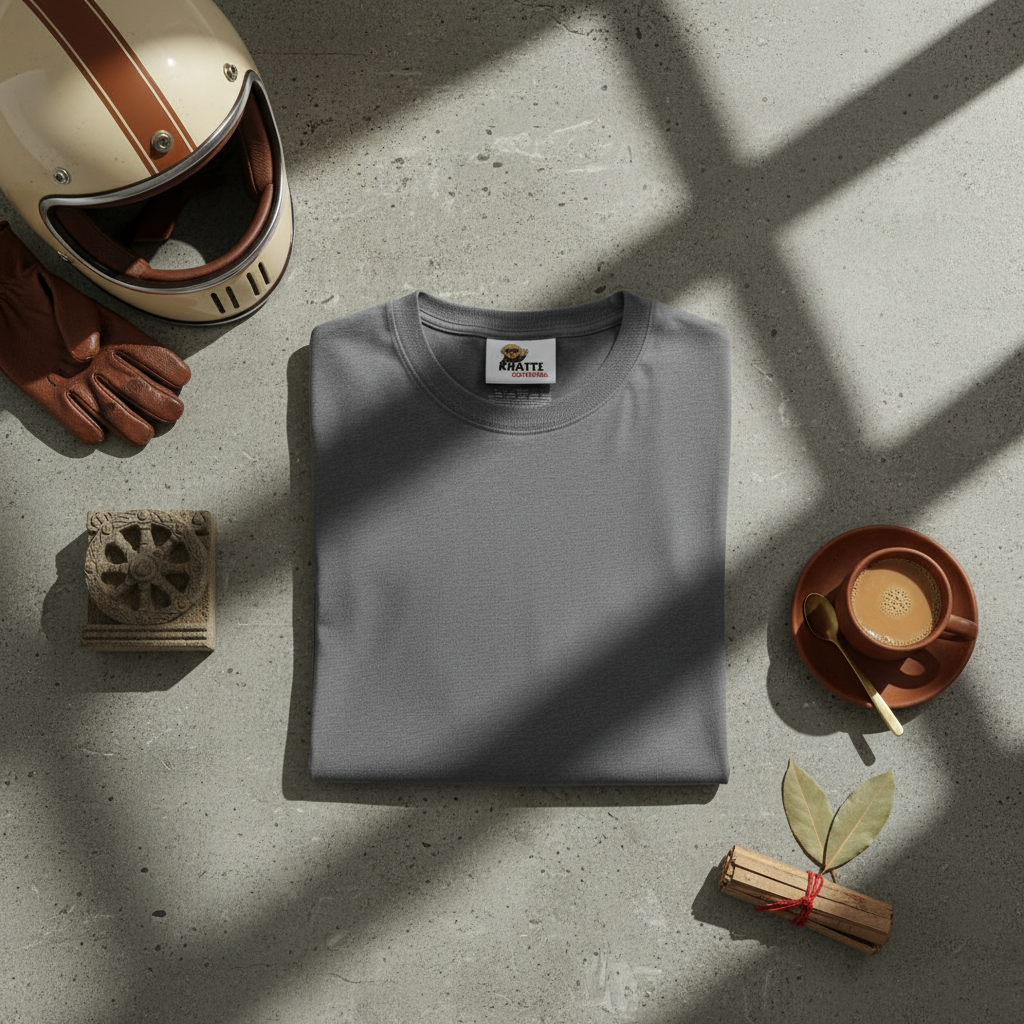 Classic T-shirt flat lay with motorcycle helmet