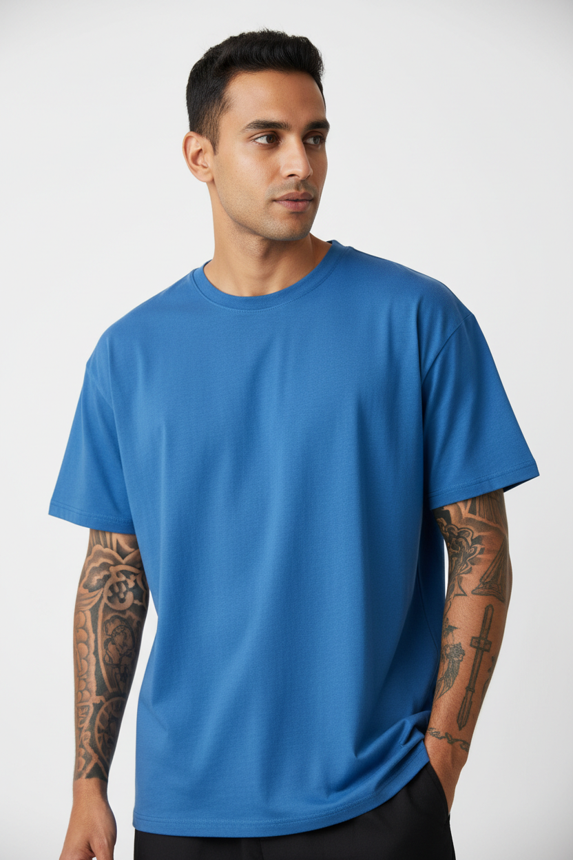 Oversized Tee — Blue on Model