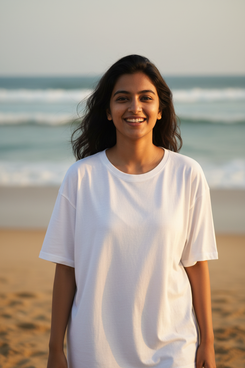 Oversized Tee — Female Beach Shot