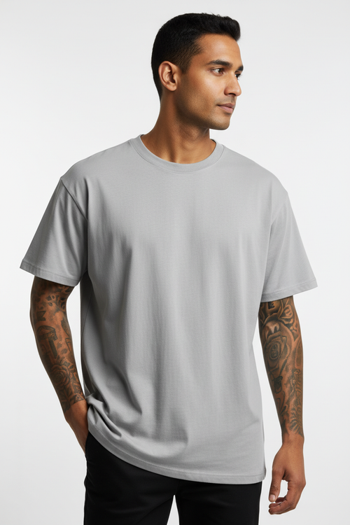 Oversized Tee — Grey on Model